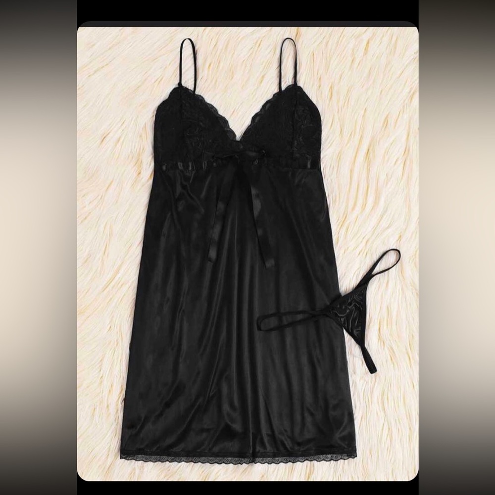 Satin black Teddy paired with a black thong … just in time for Valentine’s Day
